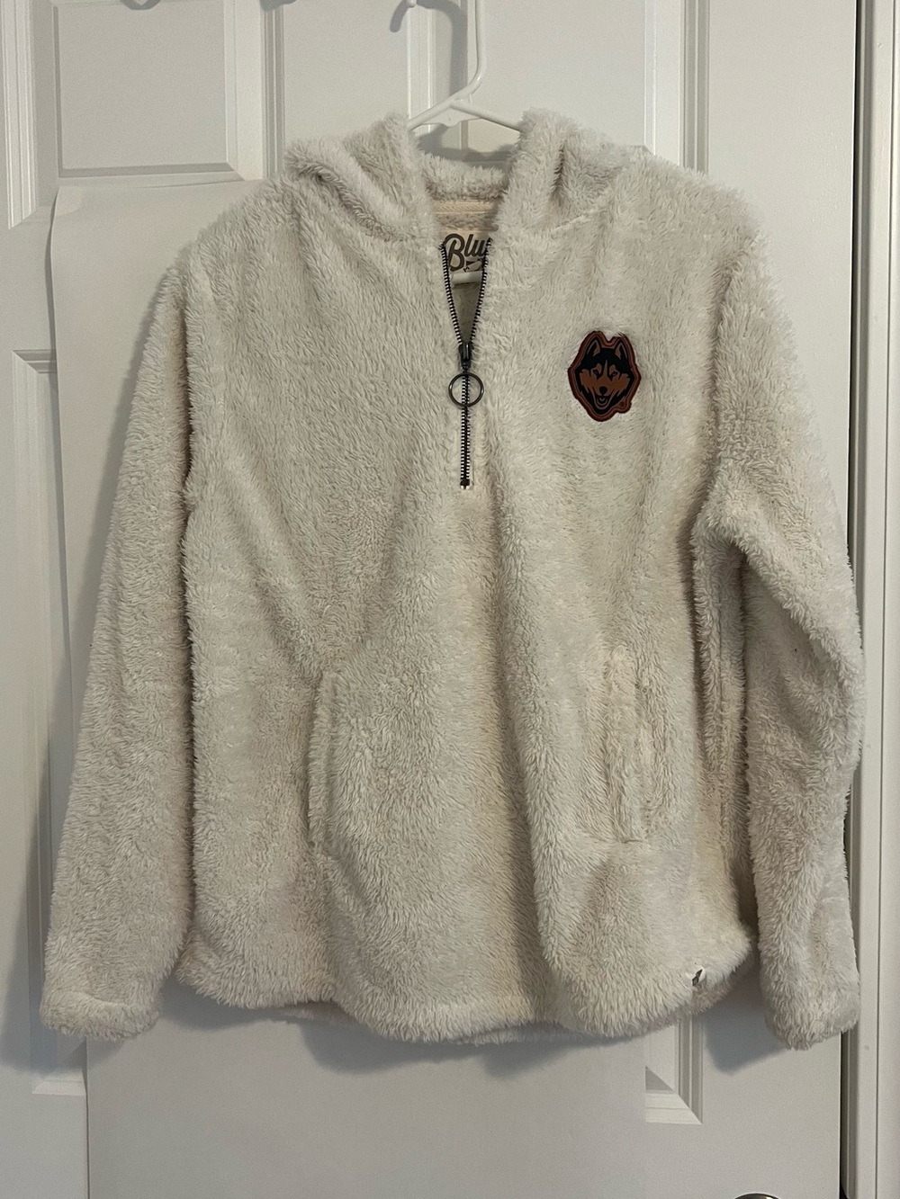 UCONN Blue 84 Cream Plush Hooded Half-Zip Pullover